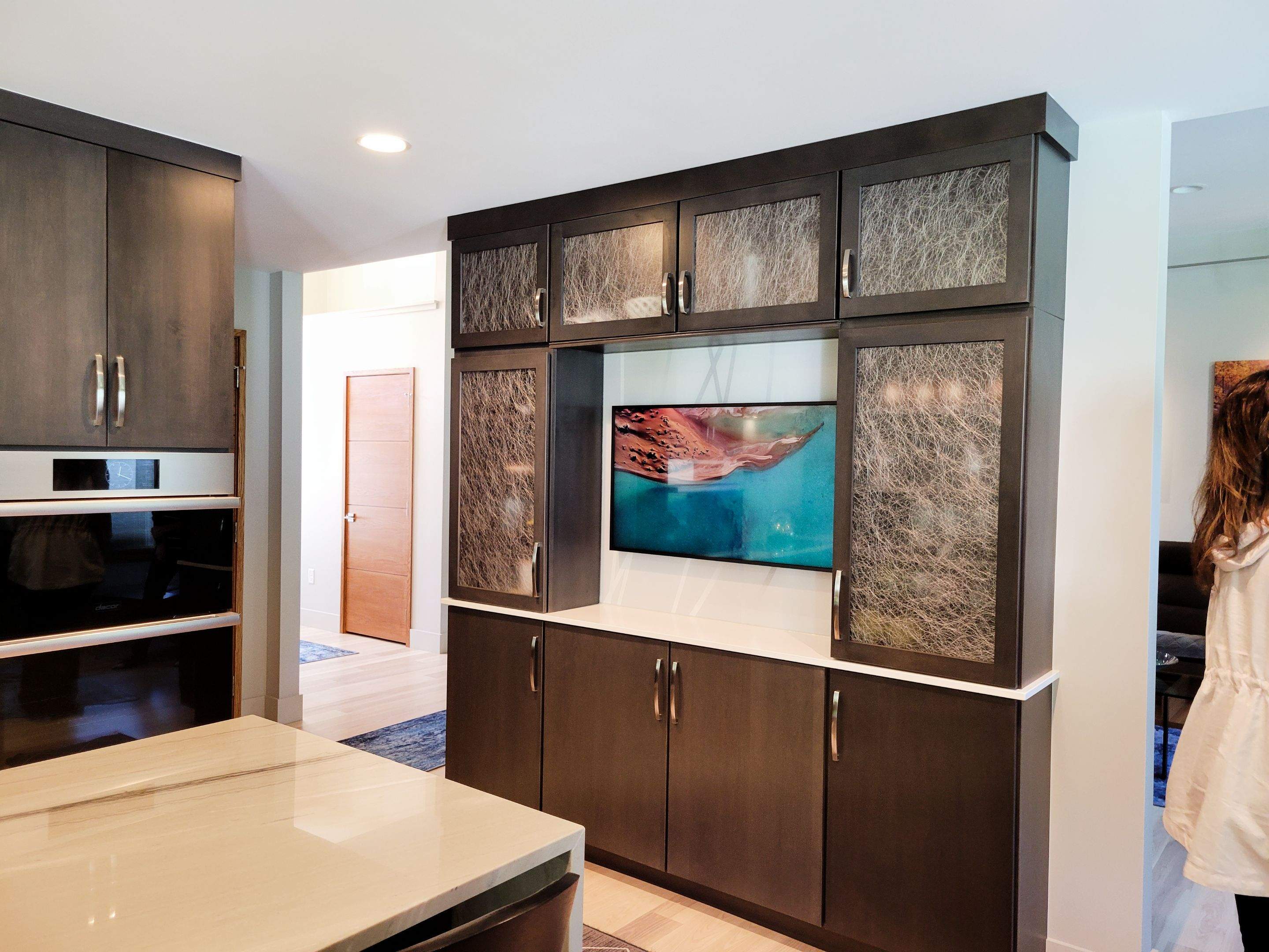 Kitchen Remodel using IMAGIO Misty Curves Solid Glass Backsplash by IMAGIO