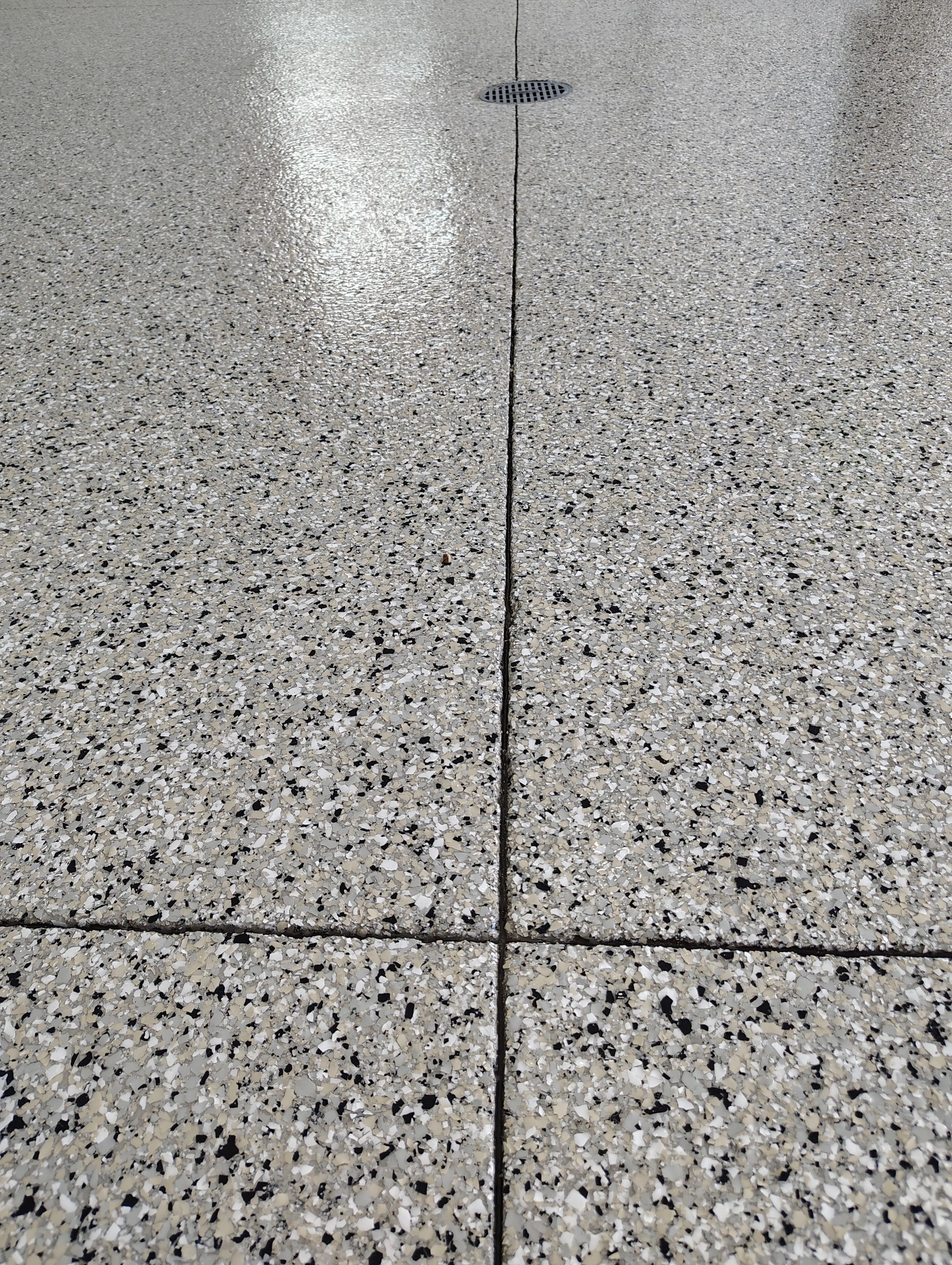 Gray and White Speckled Epoxy Garage Floor Coating in Tea by Select Painting, Coatings & Garage Cabinets