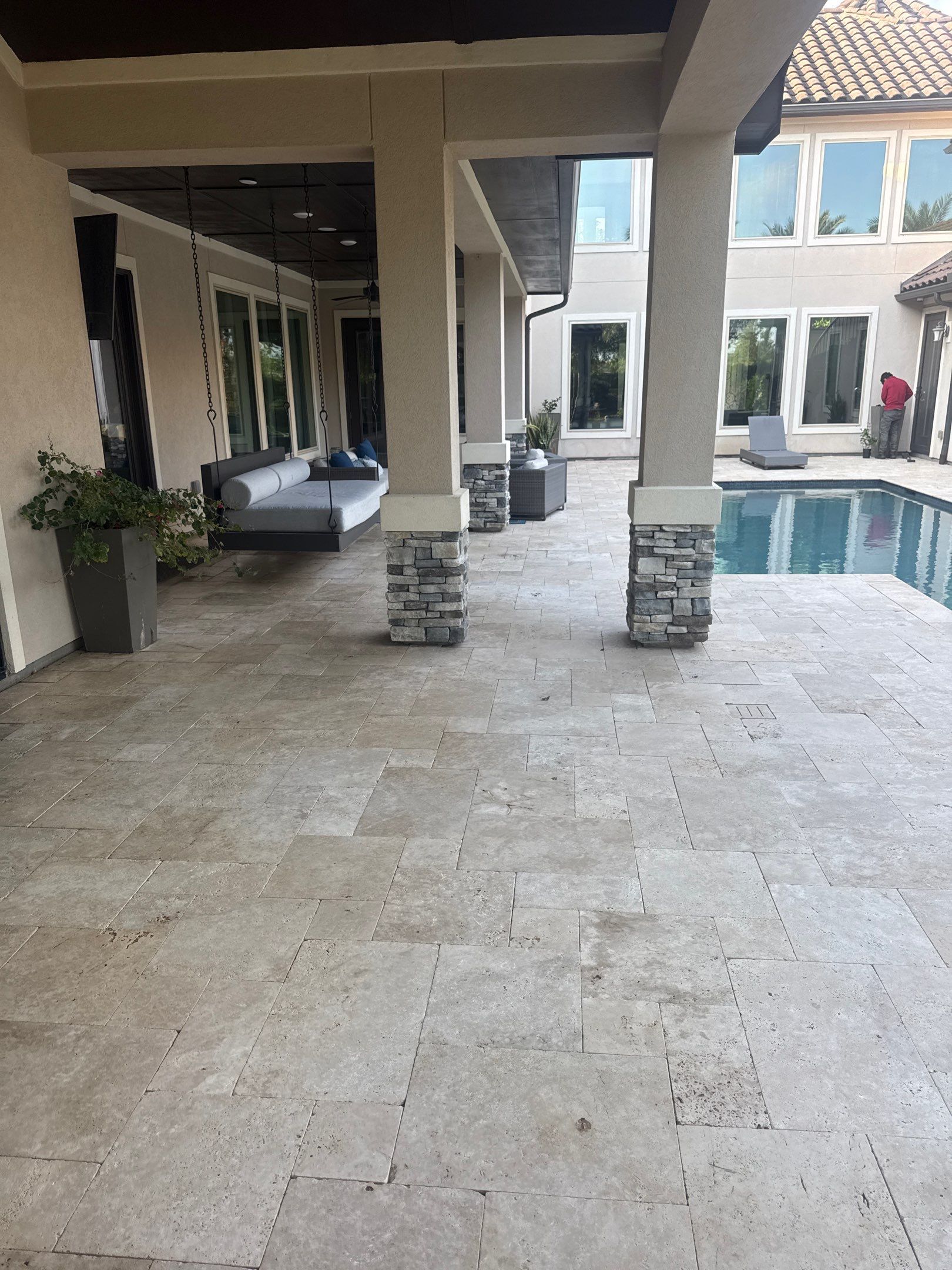 Friendswood House Wash and Travertine Pool Deck Cleaning by Zeal Power Washing