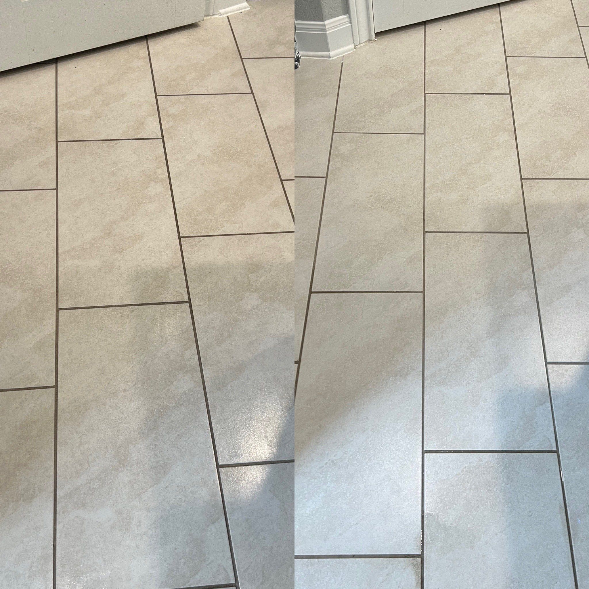 the service shows tile and grout cleaning with restored shine and cleanliness to the floor surfaces in the area