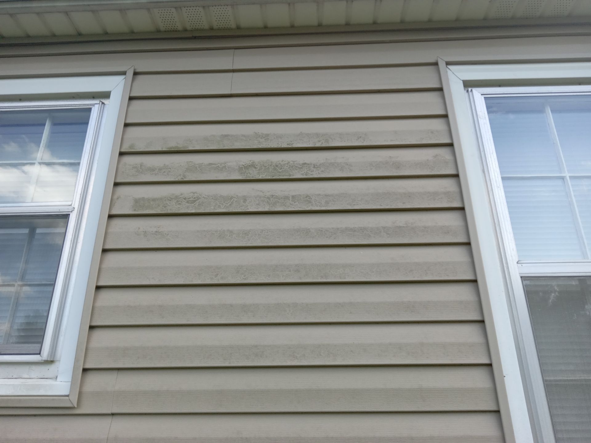 the pressure washing company appears to be cleaning the exterior siding of a house the siding shows signs of grime and mildew particularly noticeable in the streaks and discolored patches a high-pressure stream of water will be used to remove the build-up from the vinyl siding restoring its appearance and maintaining the condition of the home exterior pressure washing like this is effective for removing such dirt and is a common maintenance task to keep homes looking clean and well-kept