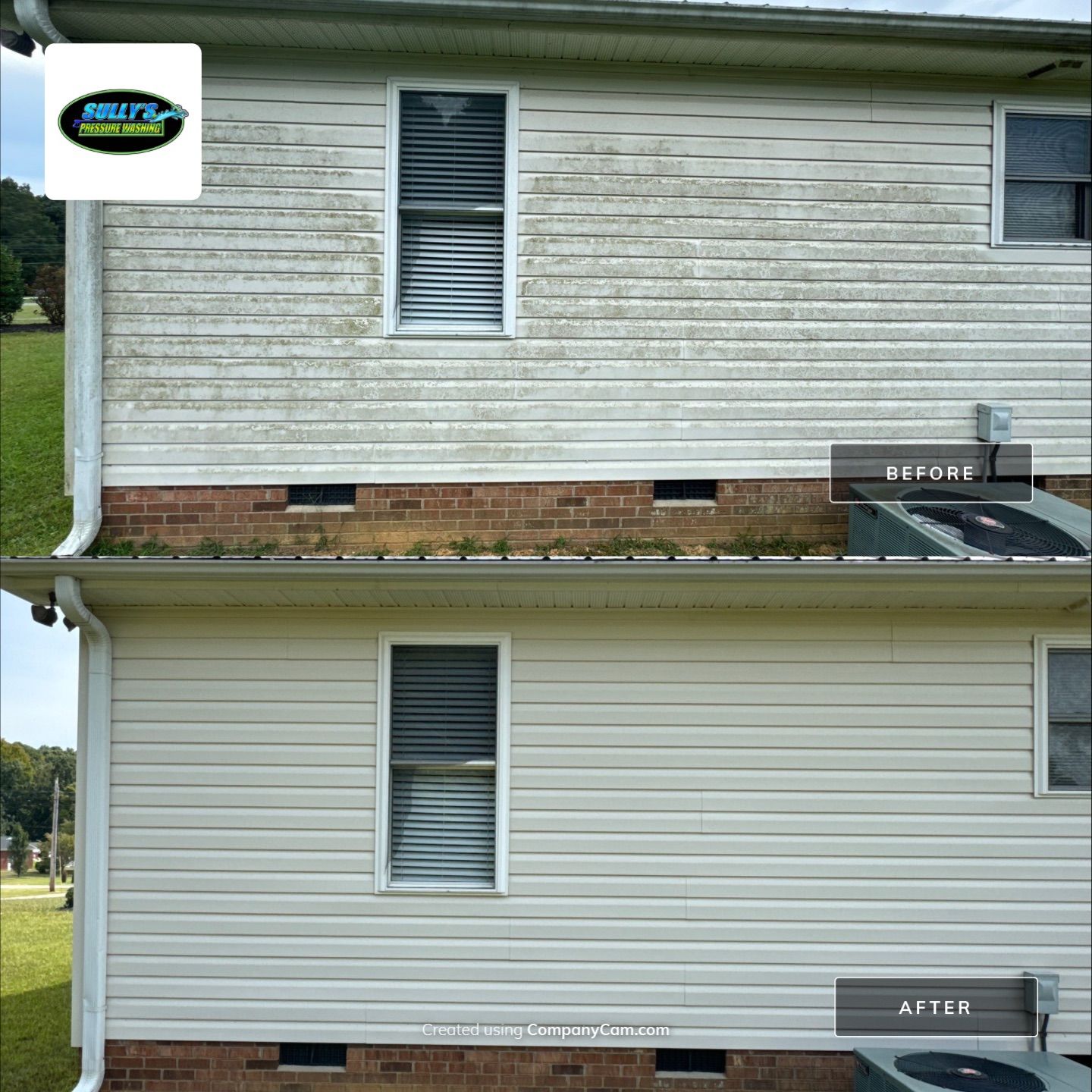 the service being done is cleaning the siding of a house removing dirt and grime for a refreshed appearance