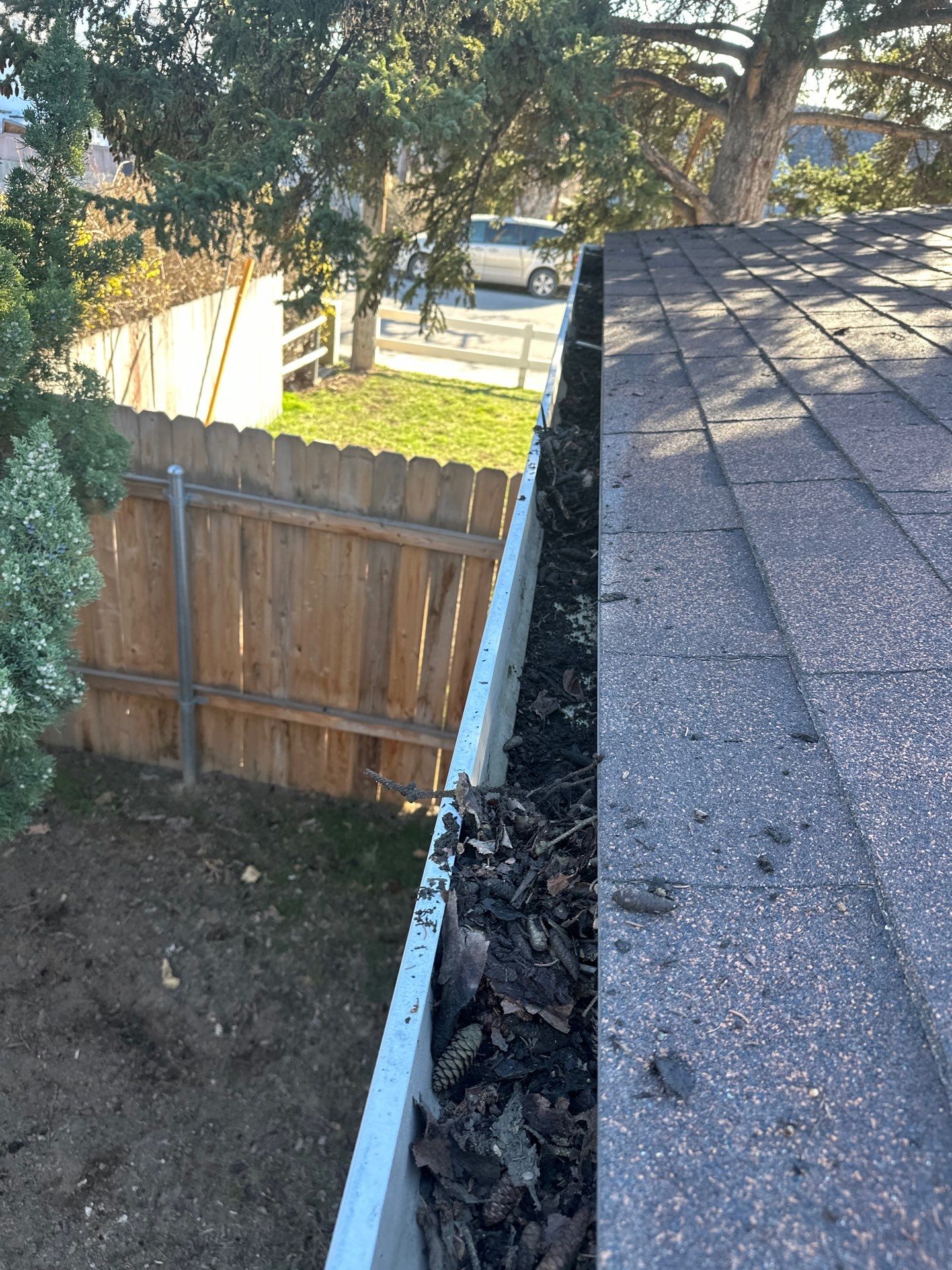 Commercial gutter cleaning Boise before photo with filled gutters