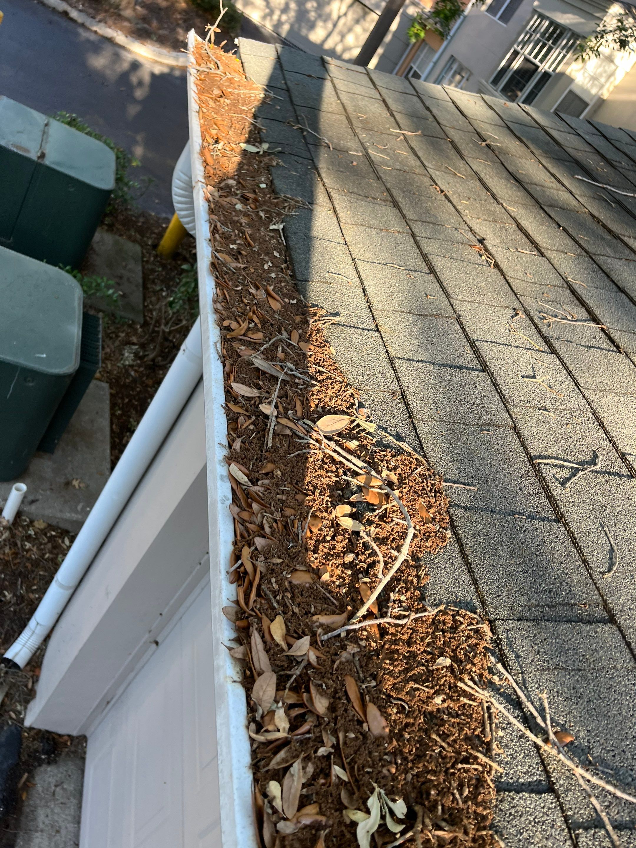 Commercial gutter cleaning Orlando, FL before photo with filled gutters