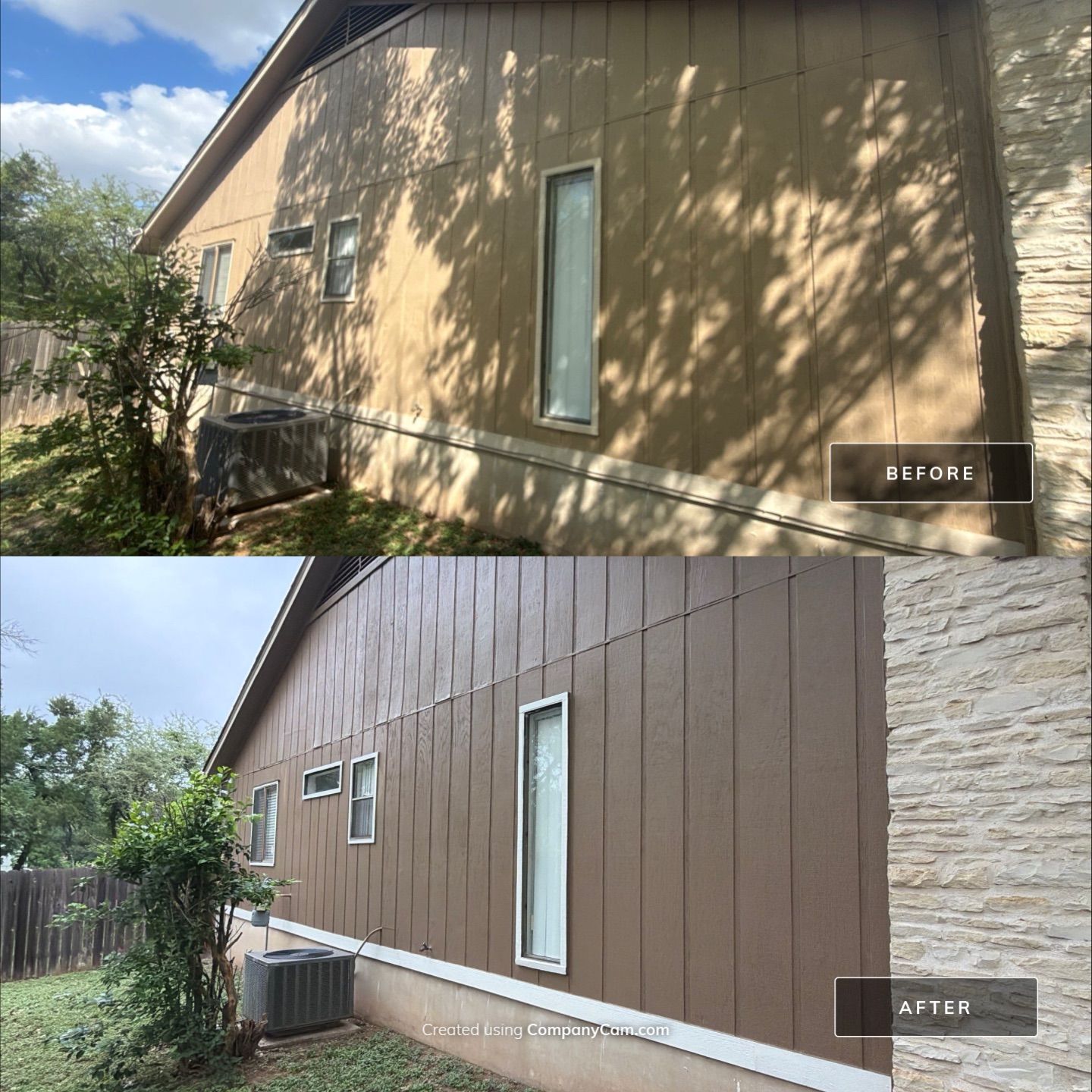 Before and after photo of a corner exterior elevation repainted by Hill Country Painting in Austin, TX