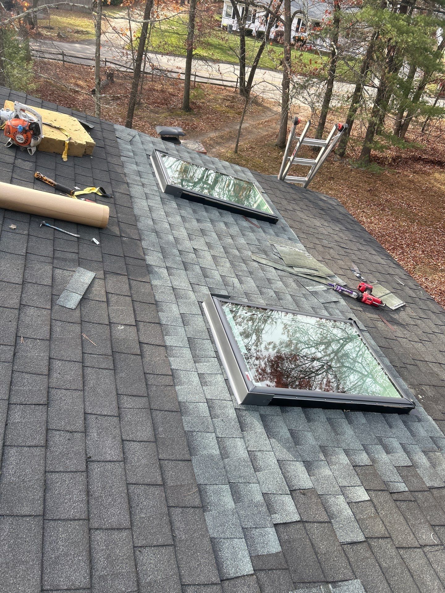 Chelmsford Triple Skylight Leak Repair with Fascia & Shingle Restoration by Mighty Dog Roofing of Greater Middlesex County
