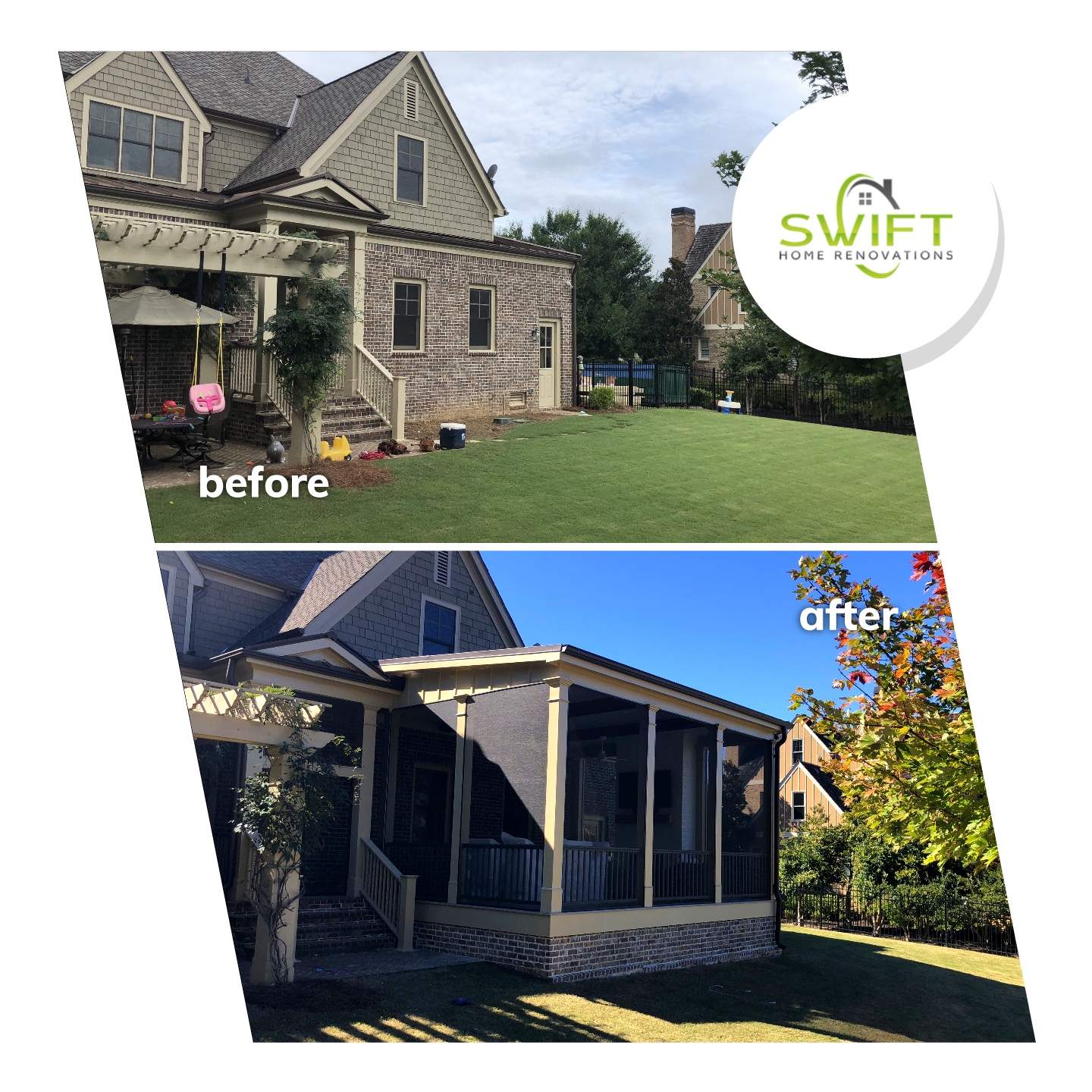 Custom Screened Porch Addition with White Brick Fireplace in Duluth by Swift Home Renovations