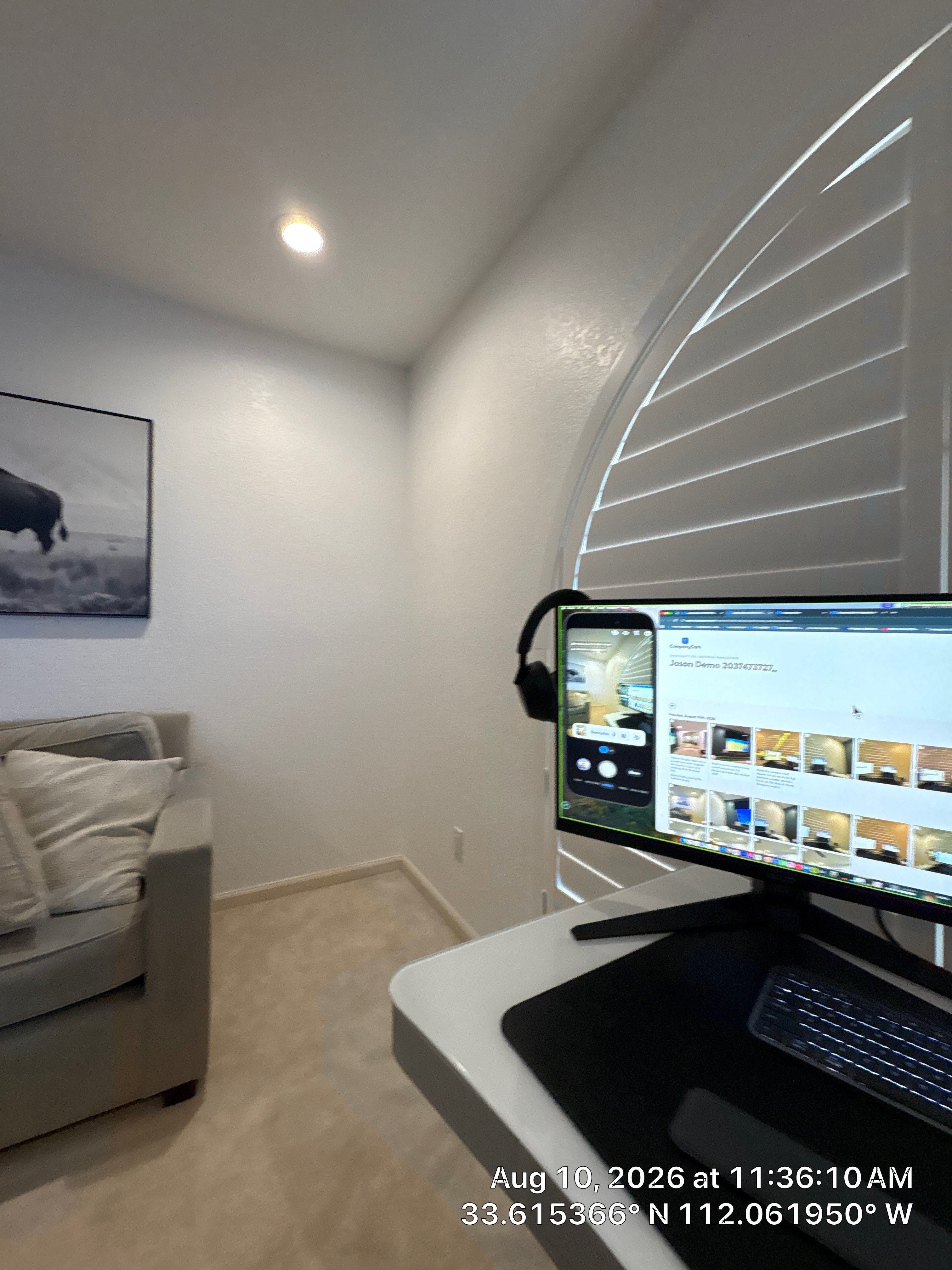Home Office Setup with Arched Plantation Shutters in Phoenix by CompanyCam Sales Demo