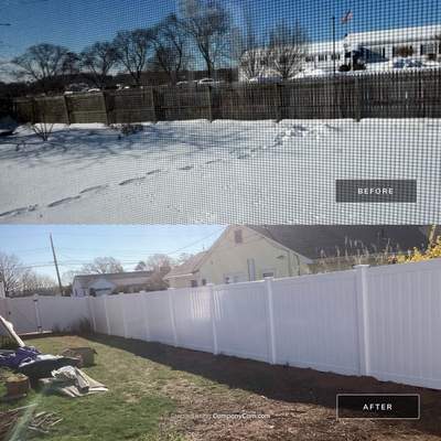 Fence replacement using White Vinyl Privacy with matching Gates. 