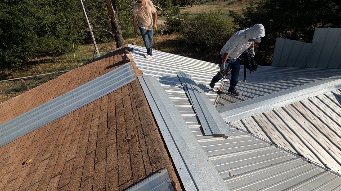 Corrugated Metal Roof Repair for Brick Home in Lindsay by BANA Roofing and Solar Supply