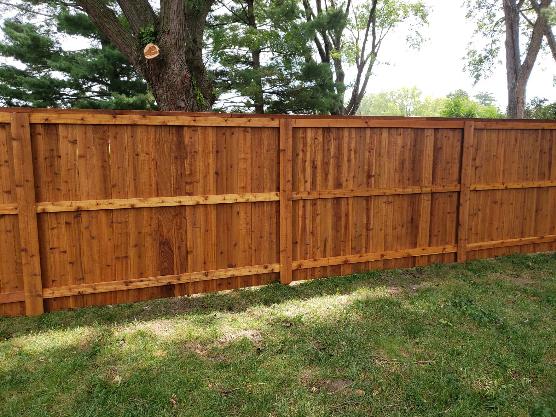Custom Cedar Privacy Fence with Decorative Gate Windows in Cedar Falls by Perfect Picket Fence and Stain