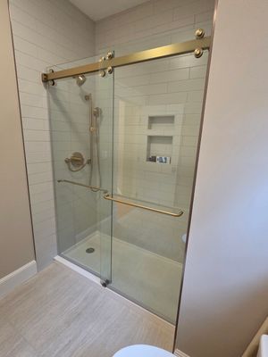 CRL Cambridge Series Dual Sliding Shower Enclosure — Installed in 3/8" Clear ShowerGuard Glass with Brushed Bronze Accents