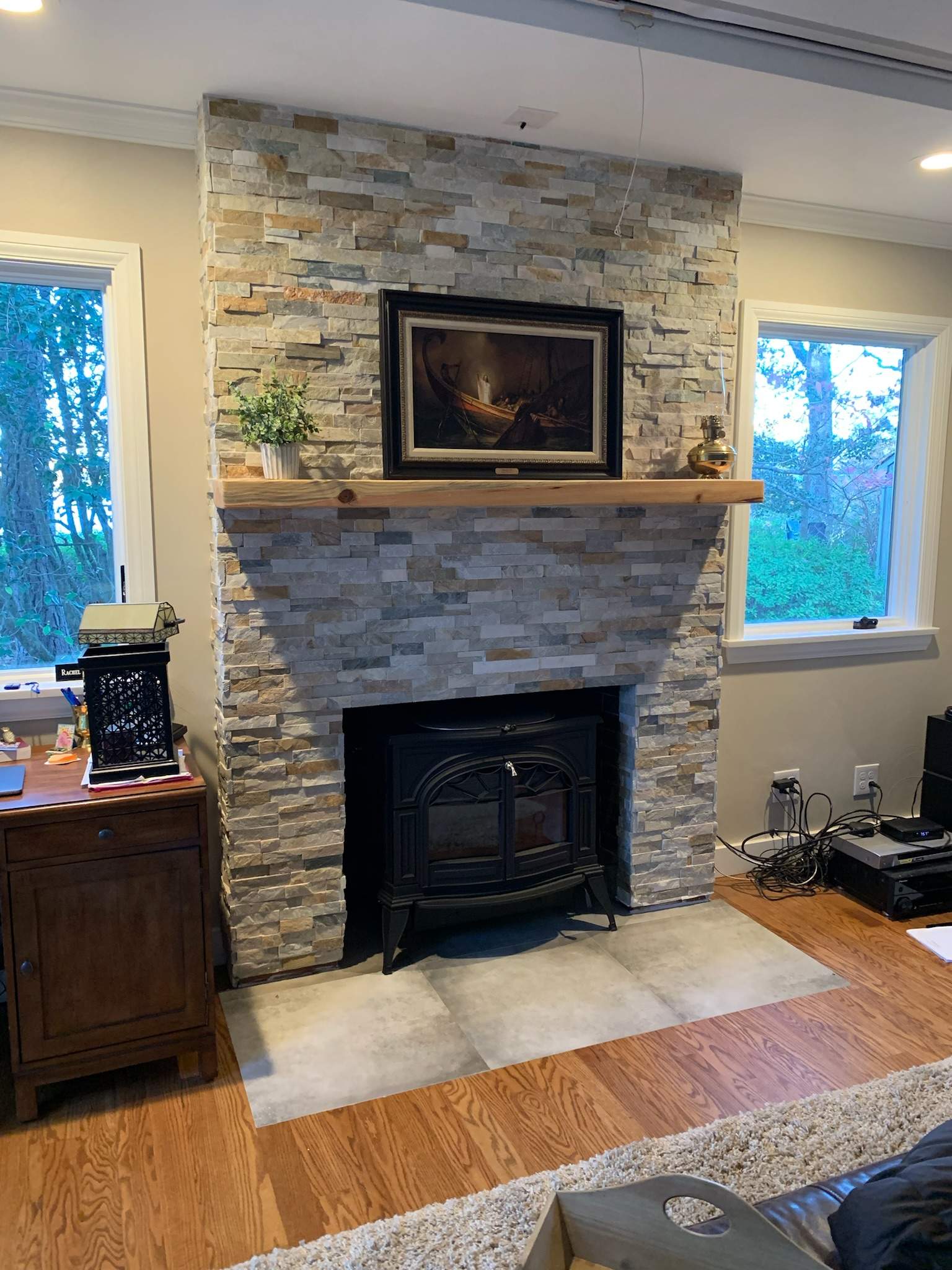 Wood Stove in Alcove by Premier Chimney and Roofing