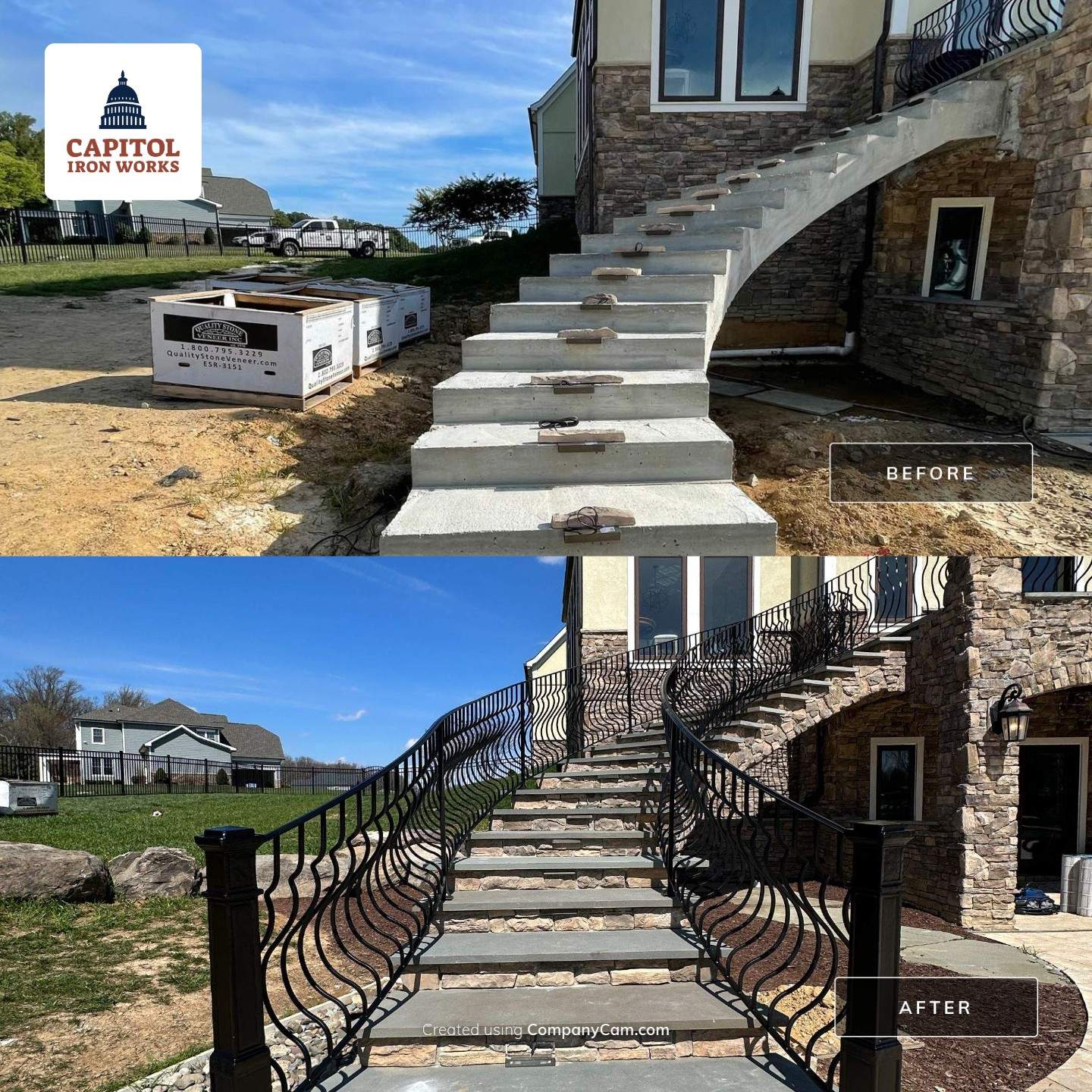 Ornamental Exterior Stair Railings – Custom Slate Surface Mount – Ijamsville, MD by Capitol Iron Works