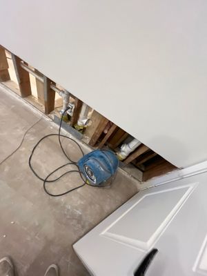 An opened wall section with exposed studs and pipes, with a blue air mover positioned nearby.