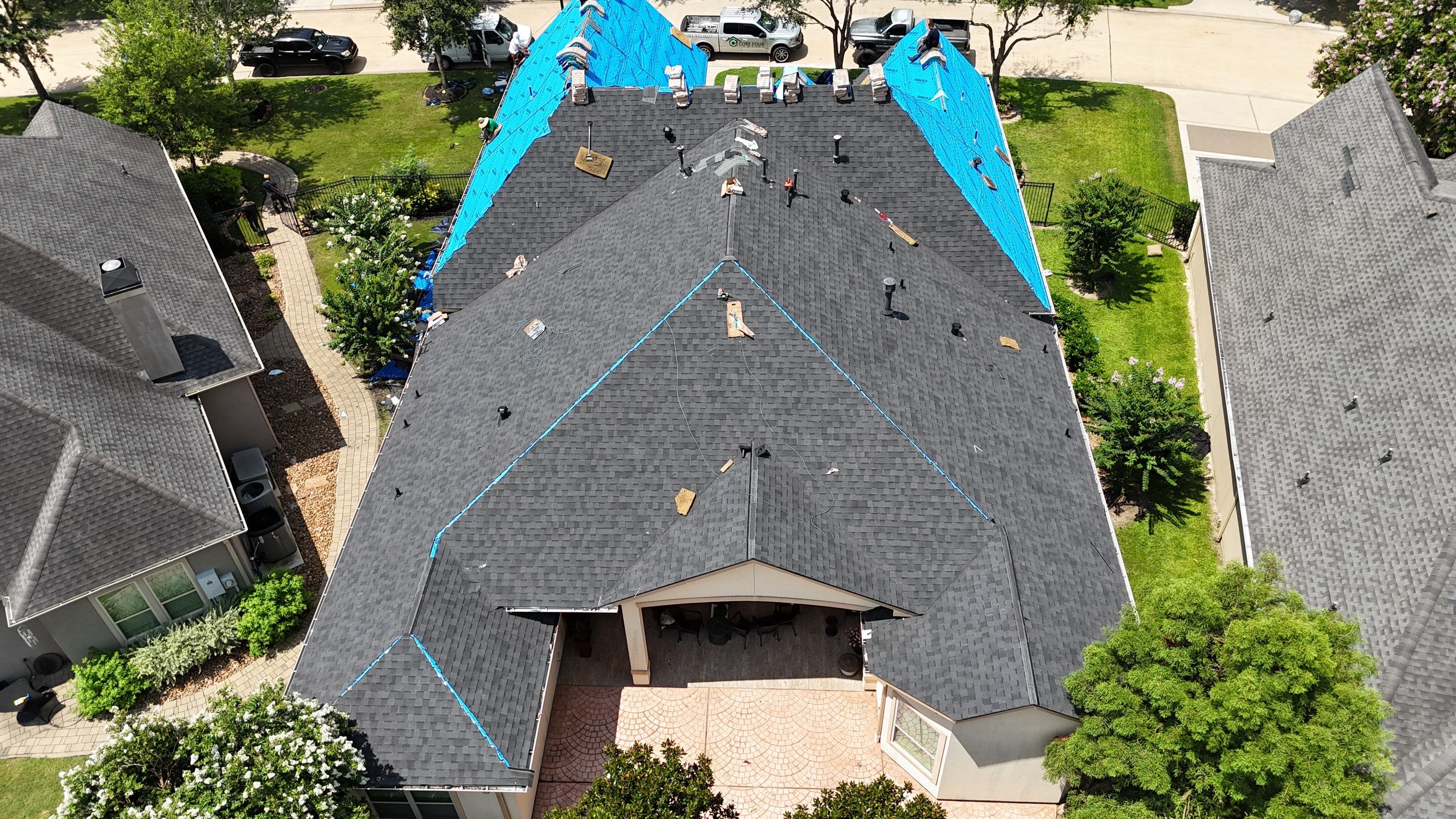Residential Roofing Installation using Certainteed Landmark after last year's tornado in Cypress by Core Four Roofing