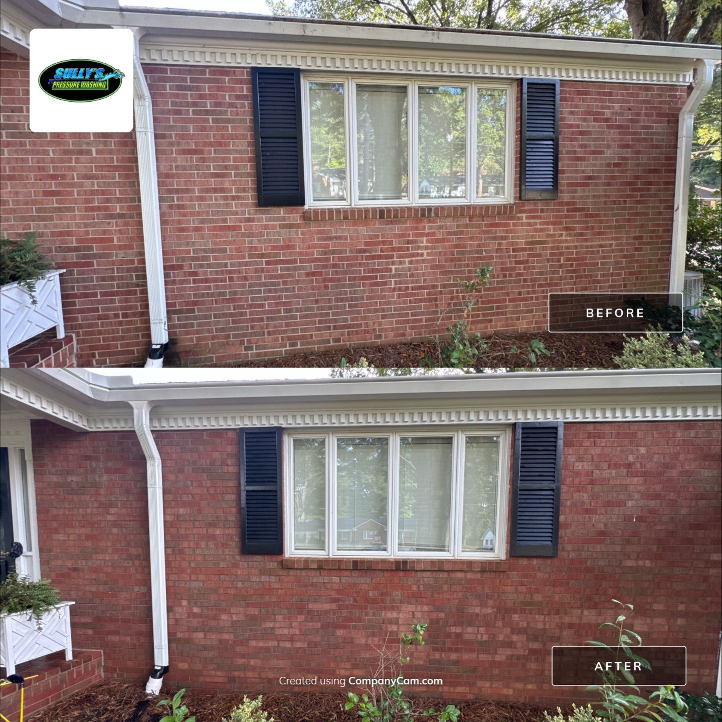 the service shown is cleaning of brick walls and surrounding areas improving overall appearance and removing dirt and grime