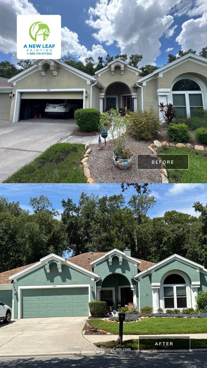 Stucco Exterior Repainting with White Soffits & Fascia | Hampton Park, Jacksonville, FL by A New Leaf Painting, LLC