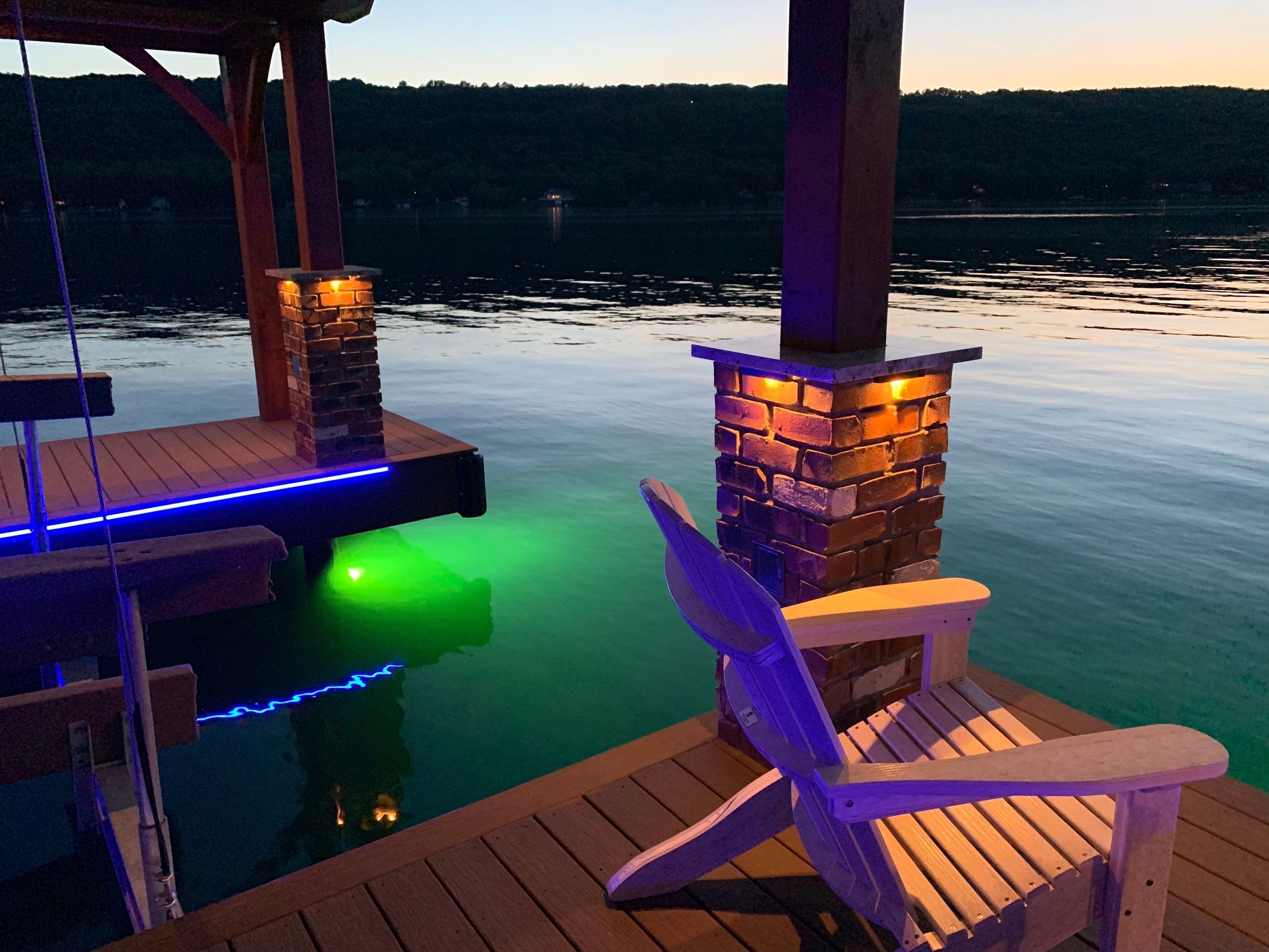 Custom Timber-Framed Boat Dock with Multi-Color LED Lighting on Keuka Lake, New York by Outdoor Lights + Shades