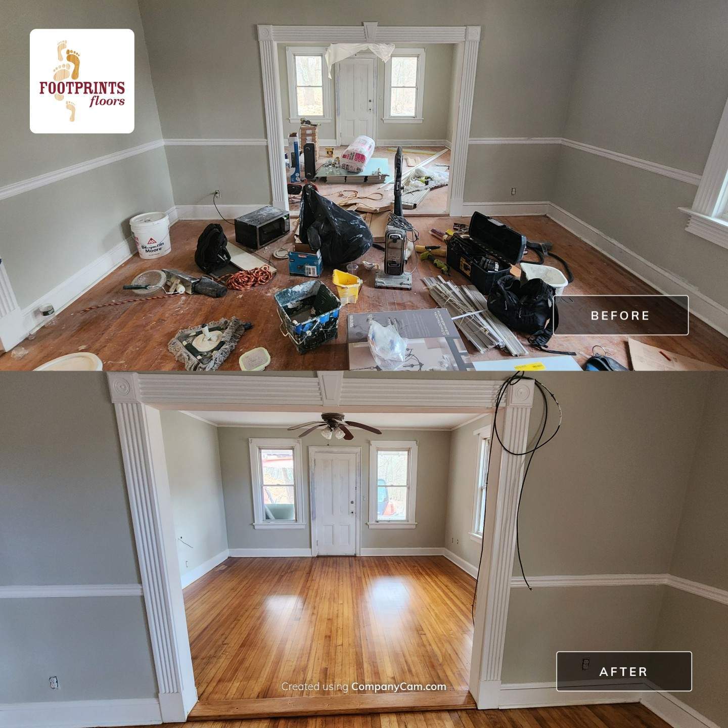 Sand & Refinish with Board Repair using Duraseal Golden Oak and Coffee Brown w/ Loba Satin Finish by Footprints Floors Morristown