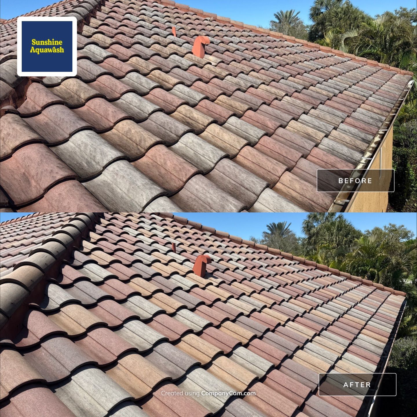 This project focused on a full gutter clean-out to restore proper water flow and prevent overflow issues.  Our scope of work included: 	•	Removing heavy leaf and pollen buildup from the gutter system 	•	Clearing out clogged sections along the rear gutters near the pool cage, where debris tends to accumulate more heavily 	•	Inspecting and cleaning the front gutter guards, which had several blocked areas restricting water flow 	•	Ensuring all downspouts and channels were flowing properly after service  Even with gutter guards installed, debris like pollen, shingle grit, and fine organic matter can still build up over time—especially in Florida’s environment. Regular maintenance helps prevent water damage, overflow, and staining on exterior surfaces.  Another thorough job completed by Sunshine AquaWash® – keeping homes protected from top to bottom. by Sunshine AquaWash