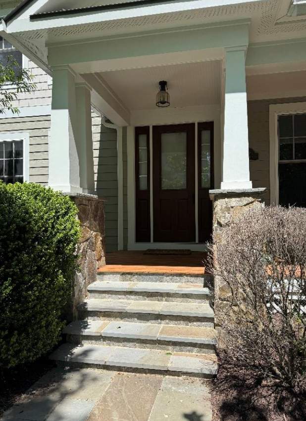 Custom Stone Porch Steps with Modern Cable Railing in Falls Church by Capitol Iron Works