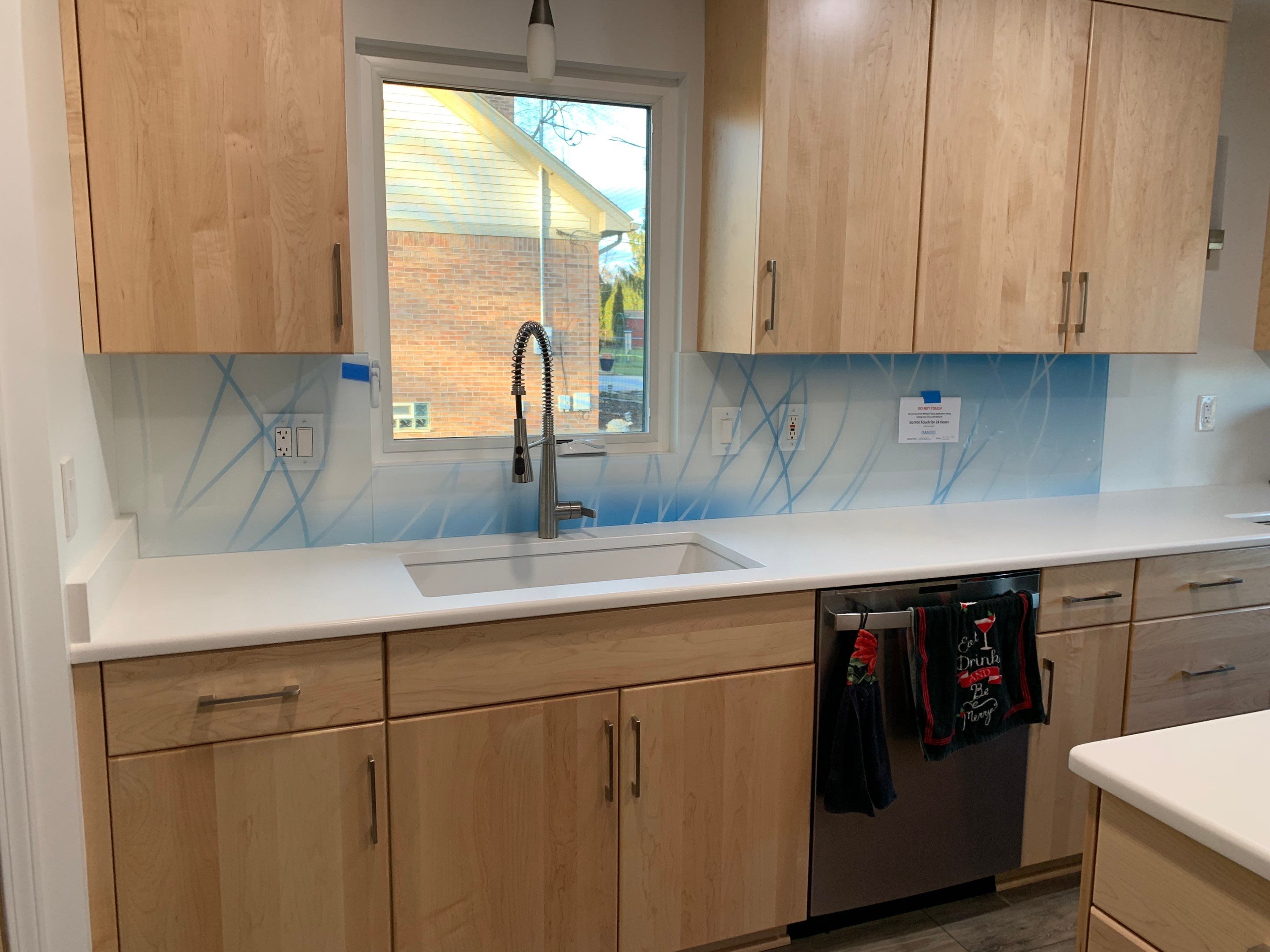 Kitchen Remodel using Misty Curves Blue IMAGIO Solid Glass Backsplash by IMAGIO