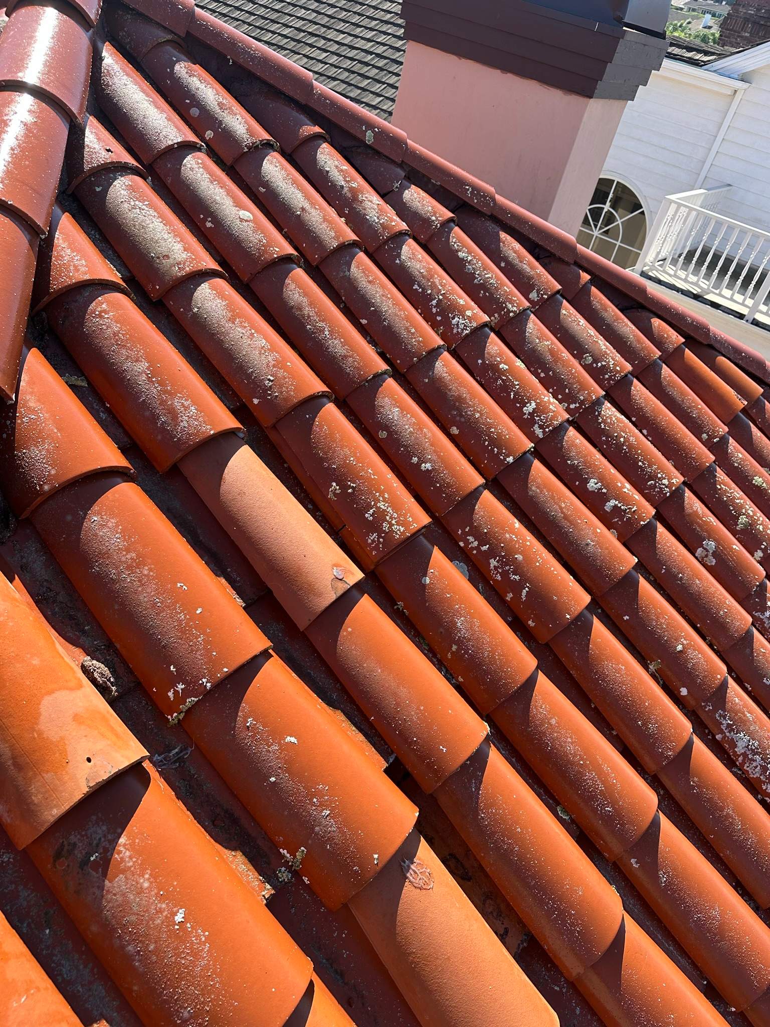 Orange County Clay Tile Roof Soft Wash on Unwalkwable Roof by Property Cleaning Experts