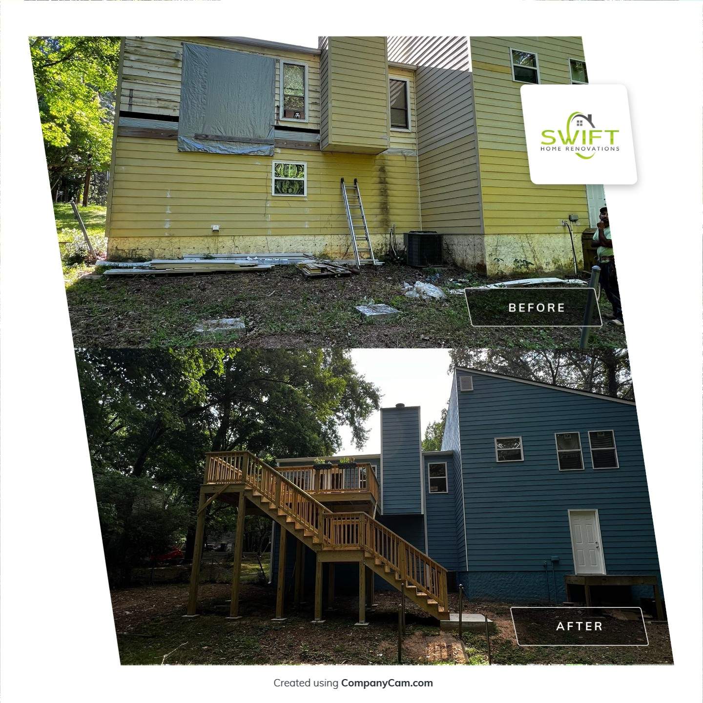 Elevated Wood Deck and Blue Lap Siding Installation in Kennesaw by Swift Home Renovations