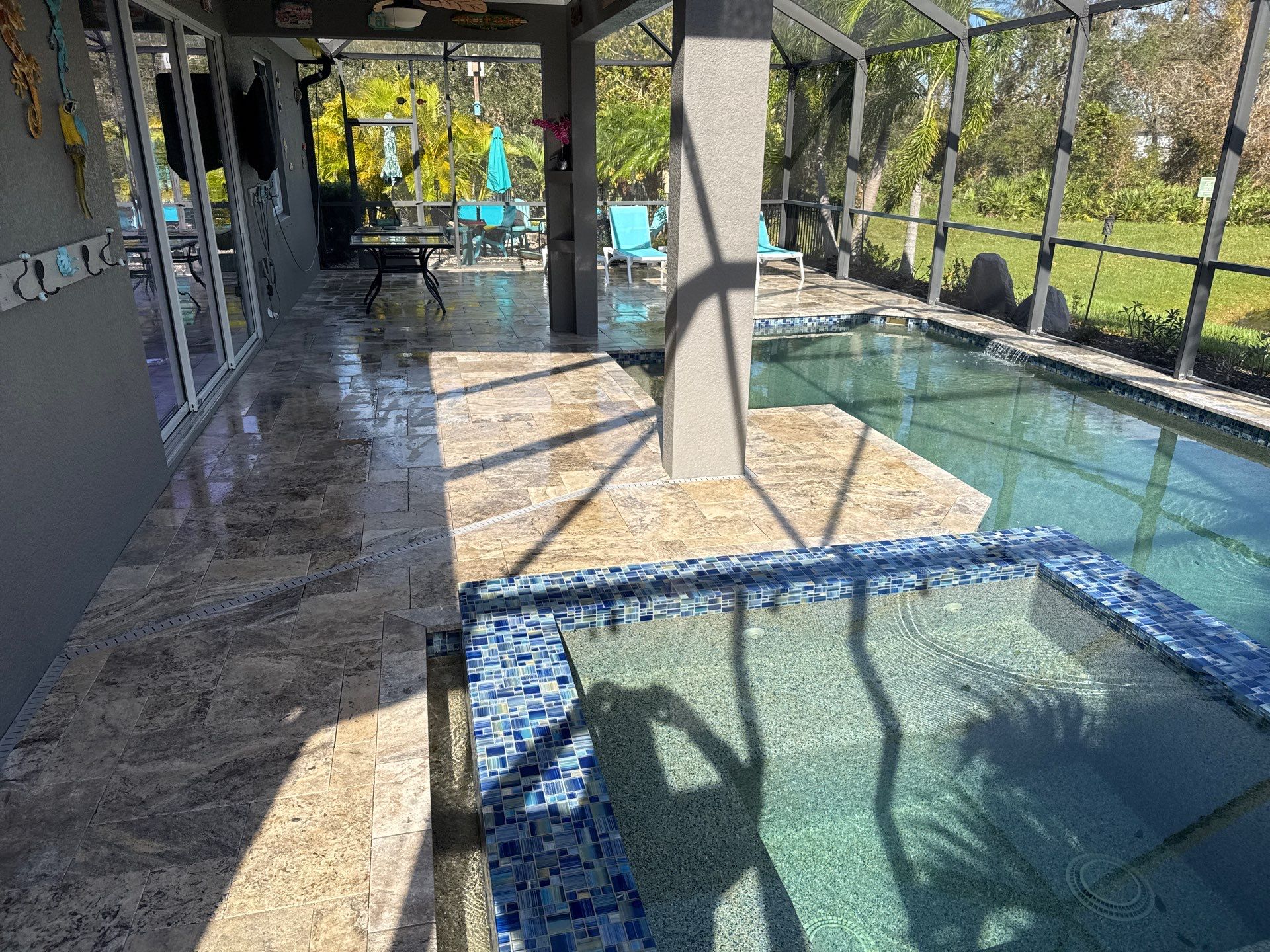 Travertine Pool Deck and Screen Enclosure Cleaning in Ellenton, FL | Oakleaf Hammock Community by Sunshine AquaWash
