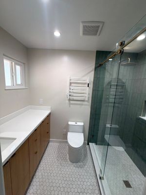 Custom Bathroom Remodel with Heated Floors and Vertical Sage Tile