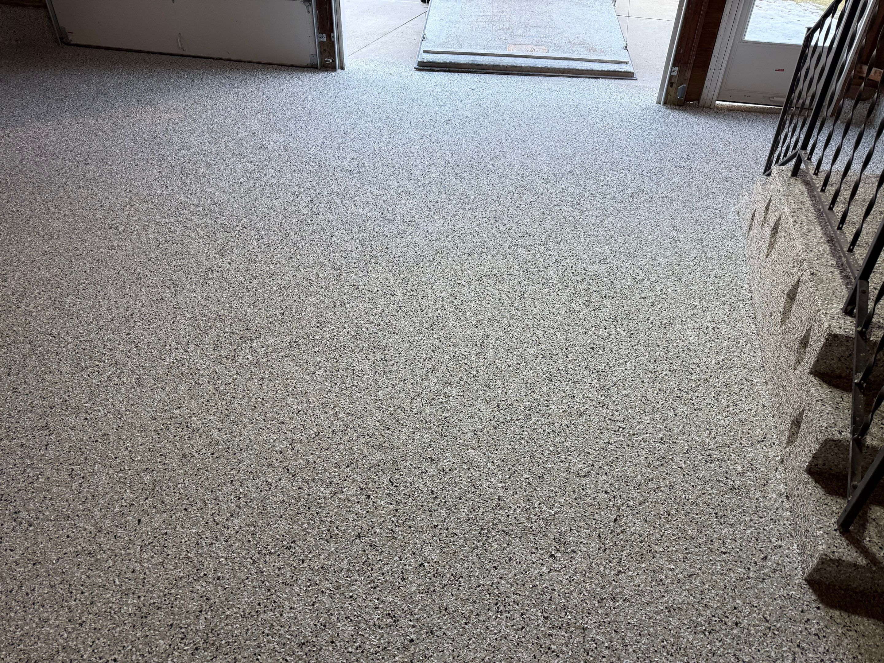 Multi-Colored Epoxy Garage Floor Coating and Concrete Stair Restoration by Select Painting, Coatings & Garage Cabinets