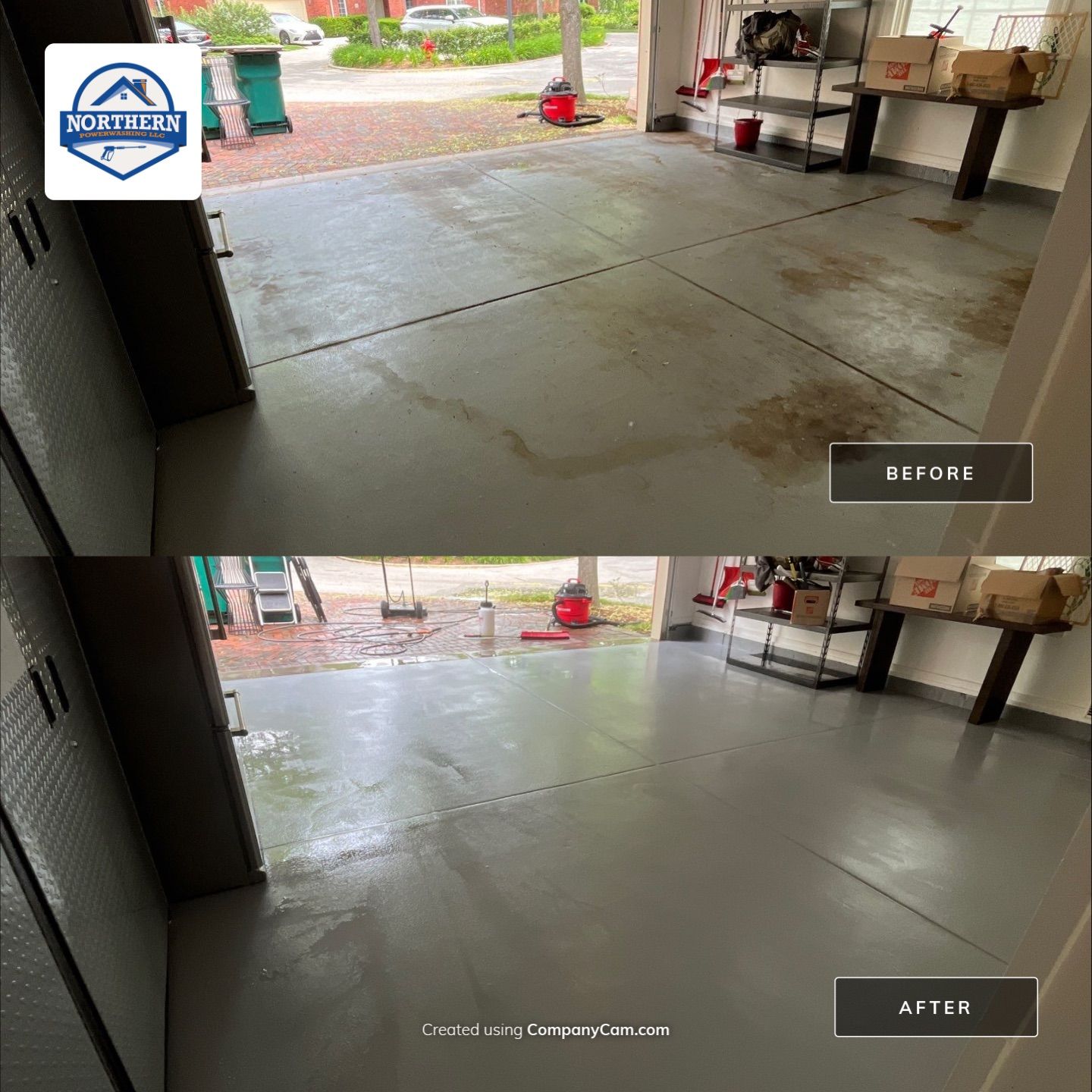 epoxy garage floor cleaning using degreaser by Northern Power Washing LLC.