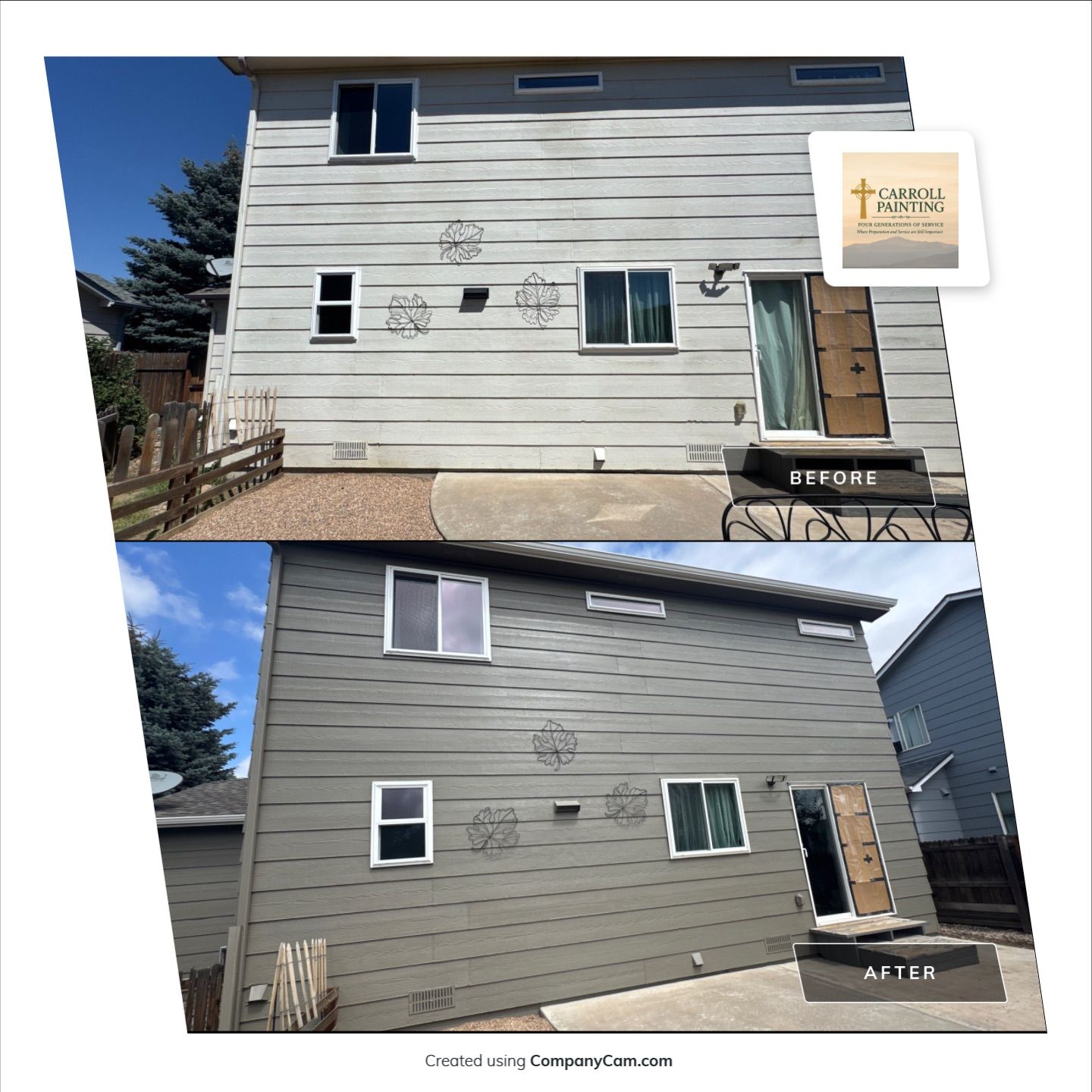 Exterior siding and trim paint on significantly sun damaged home in Cimarron Hills by Carroll Painting LLC