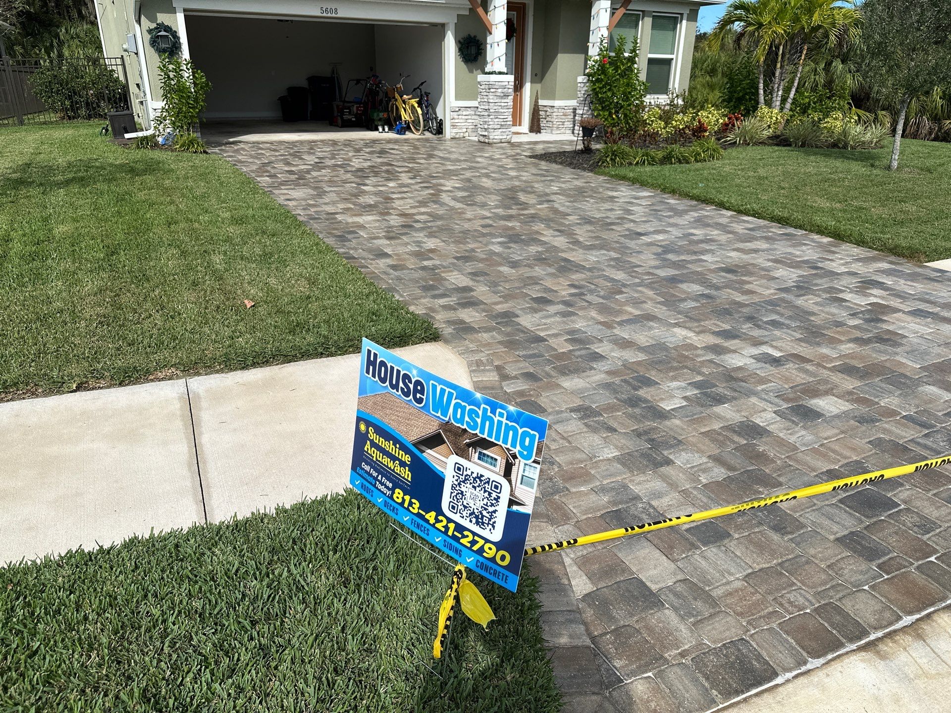 House Wash, Paver Driveway & Sidewalk Cleaning + Sanding & Sealing in Trevesta Community, Palmetto, FL by Sunshine AquaWash