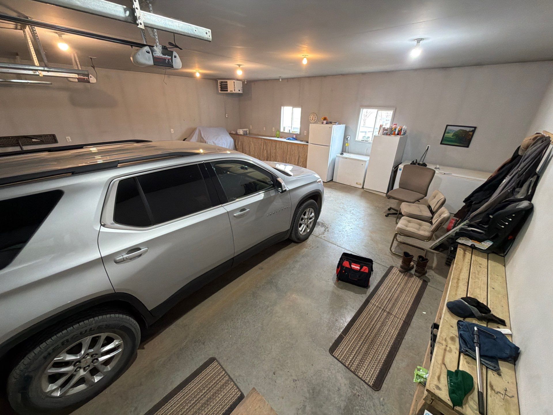 Grey Granite-Style Garage Floor Coating and Stairs in Hartford by Select Painting, Coatings & Garage Cabinets