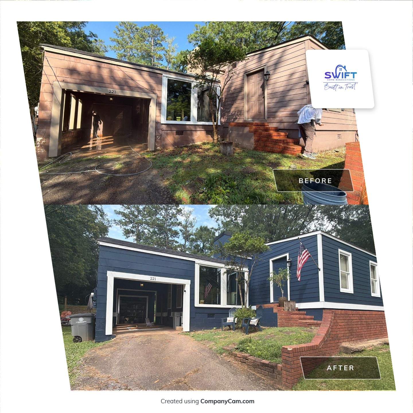 Full Exterior Repaint with Navy Blue and White Trim by Swift Home Renovations
