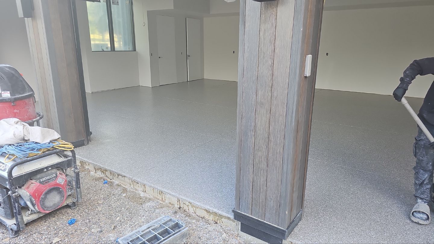 Garage Transformation using Pebble Beach by Croc Coatings, LLC