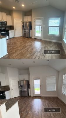 Before and after photo of a kitchen repainted by Hill Country Painting in Manchaca, TX
