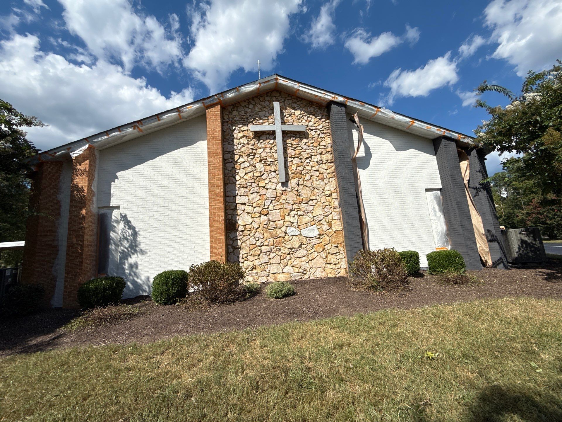 Church Exterior Brick Painting with Romabio Masonry Flat by Highfill Painting