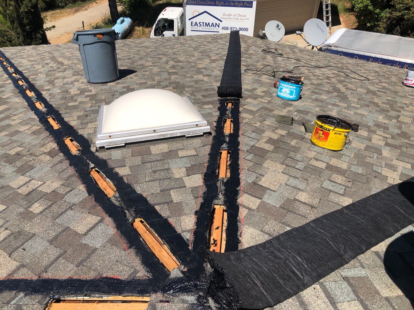 Asphalt Shingle Reroof and Skylight Replacement in Los Gatos by Eastman Roofing & Waterproofing Inc.