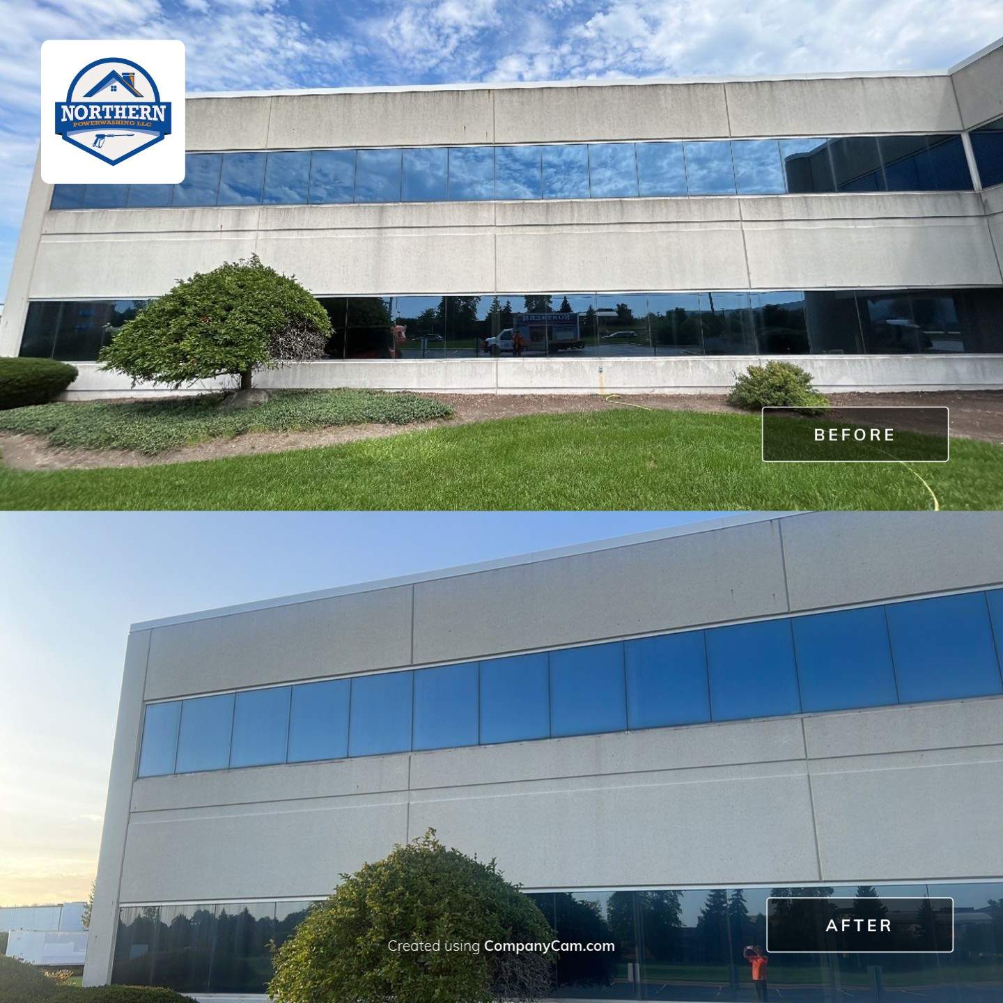 commercial pressure washing using Algaecide, soft wash soap by Northern Power Washing LLC.