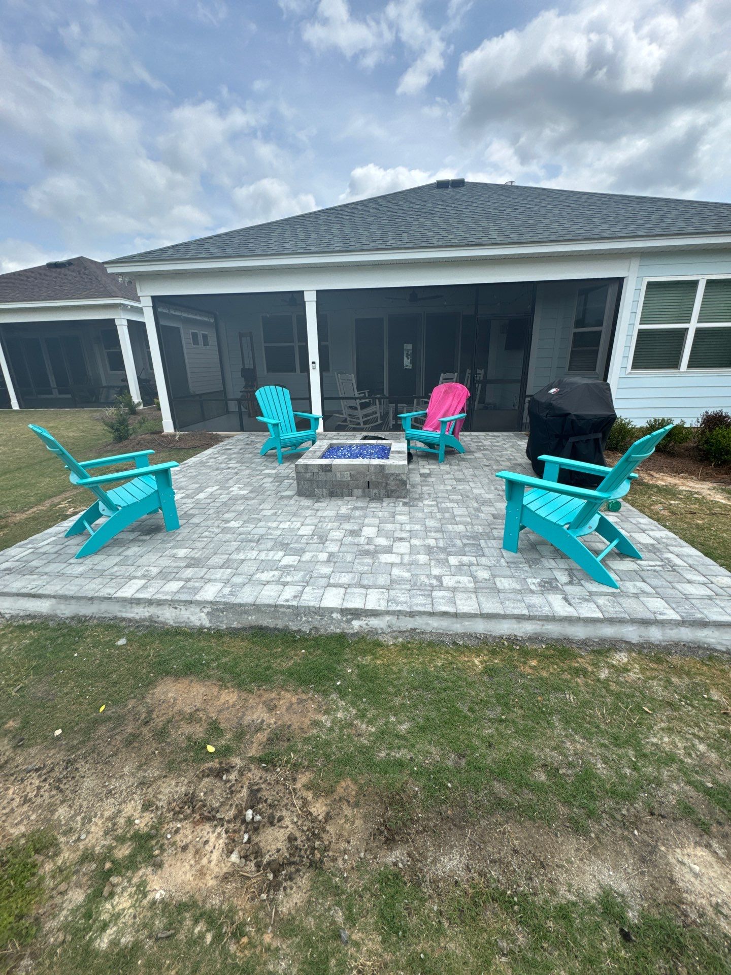 Custom Grey Paver Patio and Square Fire Pit in Hardeeville by Lowcountry Scapes, LLC