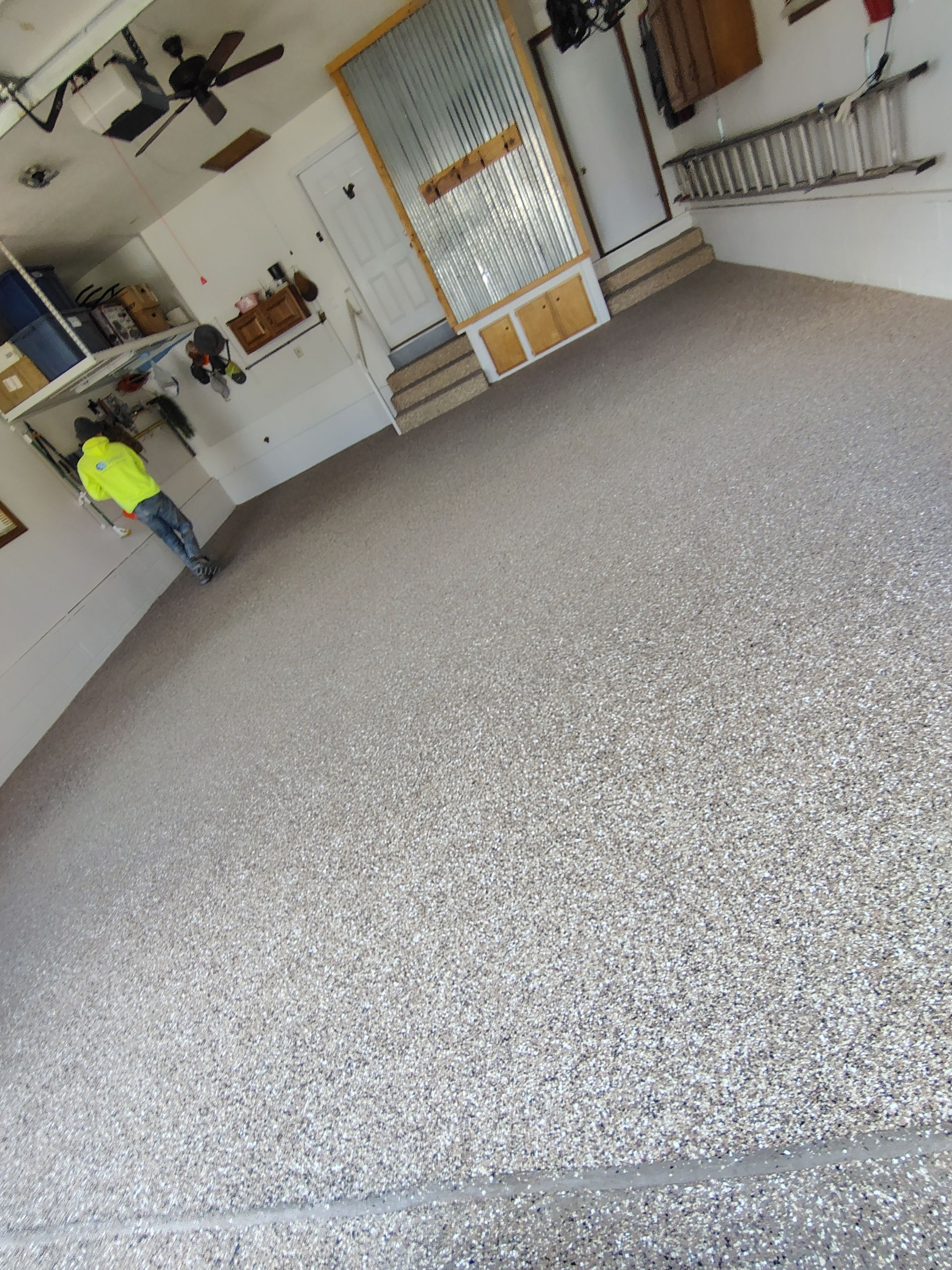 Multi-Colored Flake Epoxy Garage Floor Coating and Crack Repair by Select Painting, Coatings & Garage Cabinets