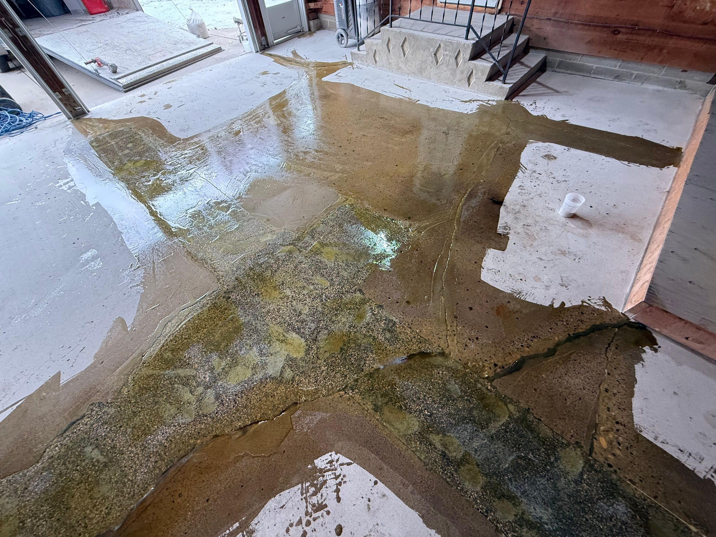 Multi-Colored Epoxy Garage Floor Coating and Concrete Stair Restoration by Select Painting, Coatings & Garage Cabinets