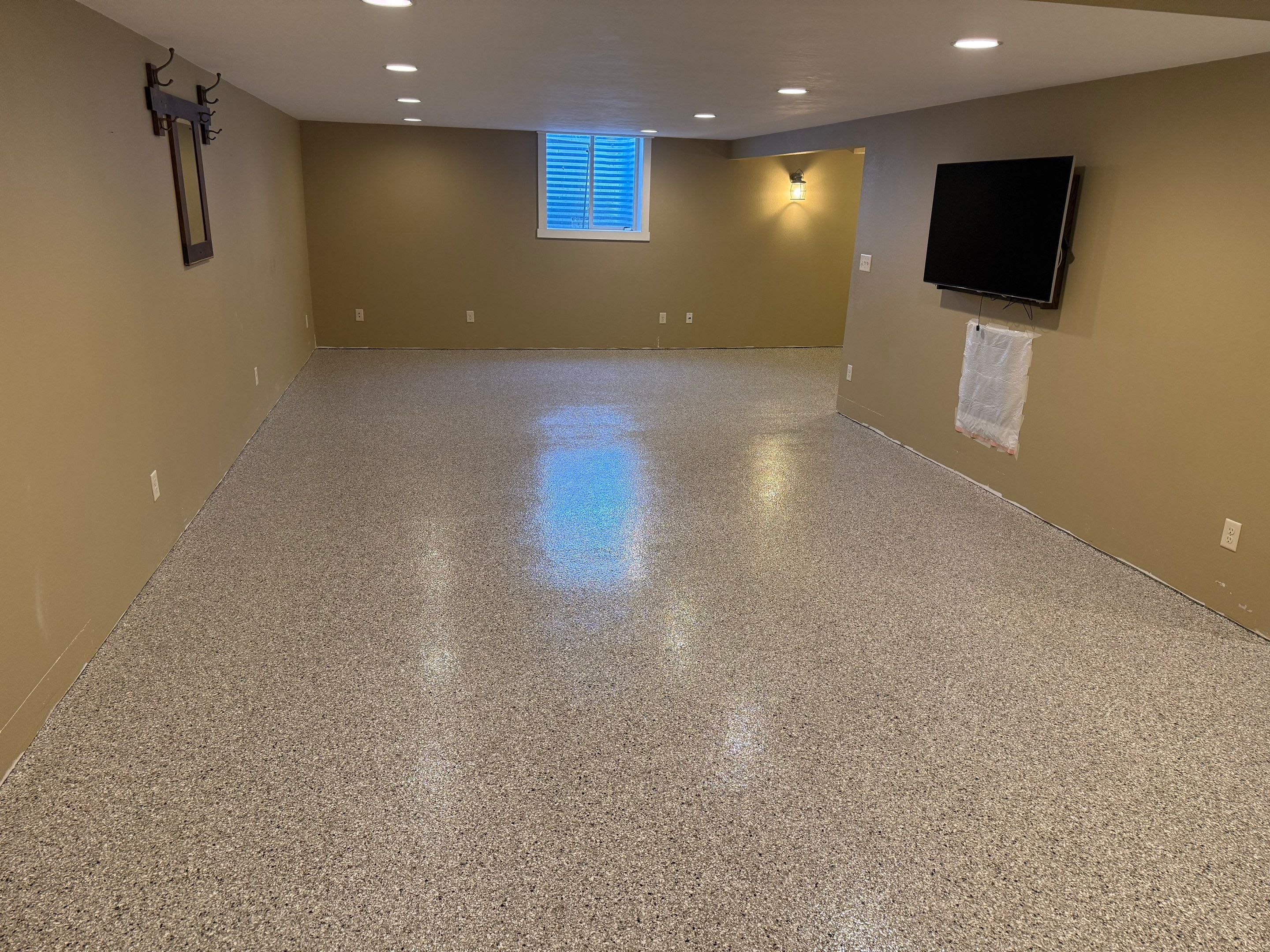 Decorative Flake Concrete Floor Coating for Larchwood Basement by Select Painting, Coatings & Garage Cabinets