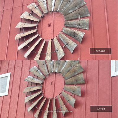 Before and after photo of barn siding repainted red by Hill Country Painting in Leander, TX