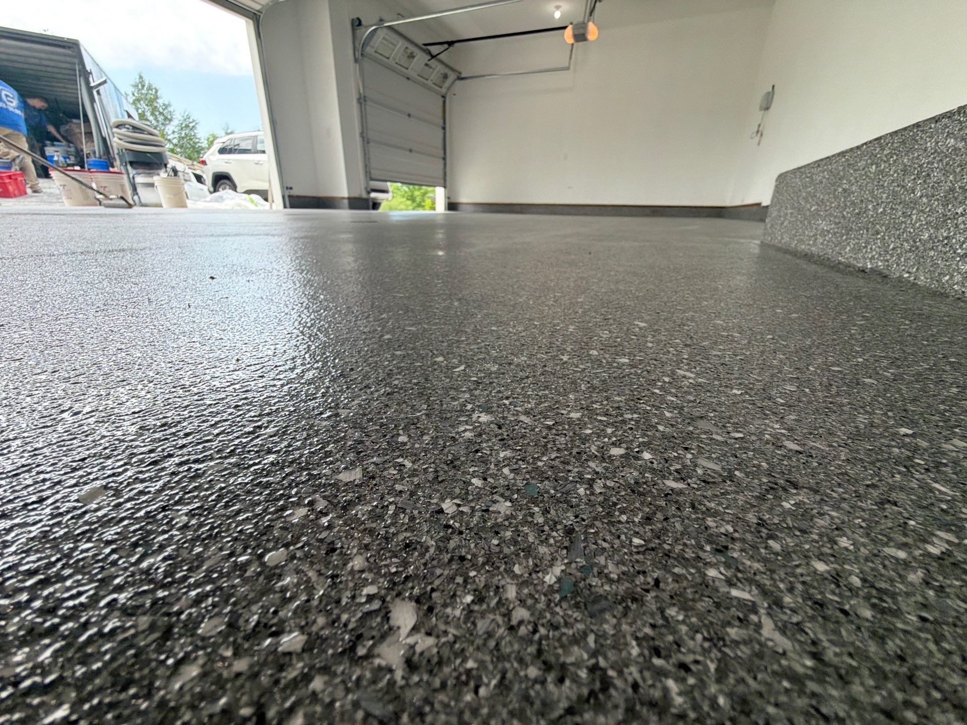Custom Gray and White Epoxy Flake Garage Floor Installation by Gordon Painting
