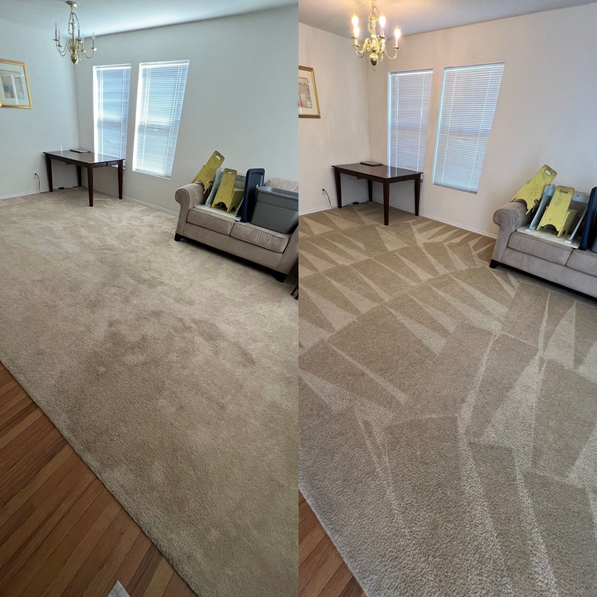 the service shown is deep carpet cleaning resulting in a refreshed and cleaner appearance of the carpeted area