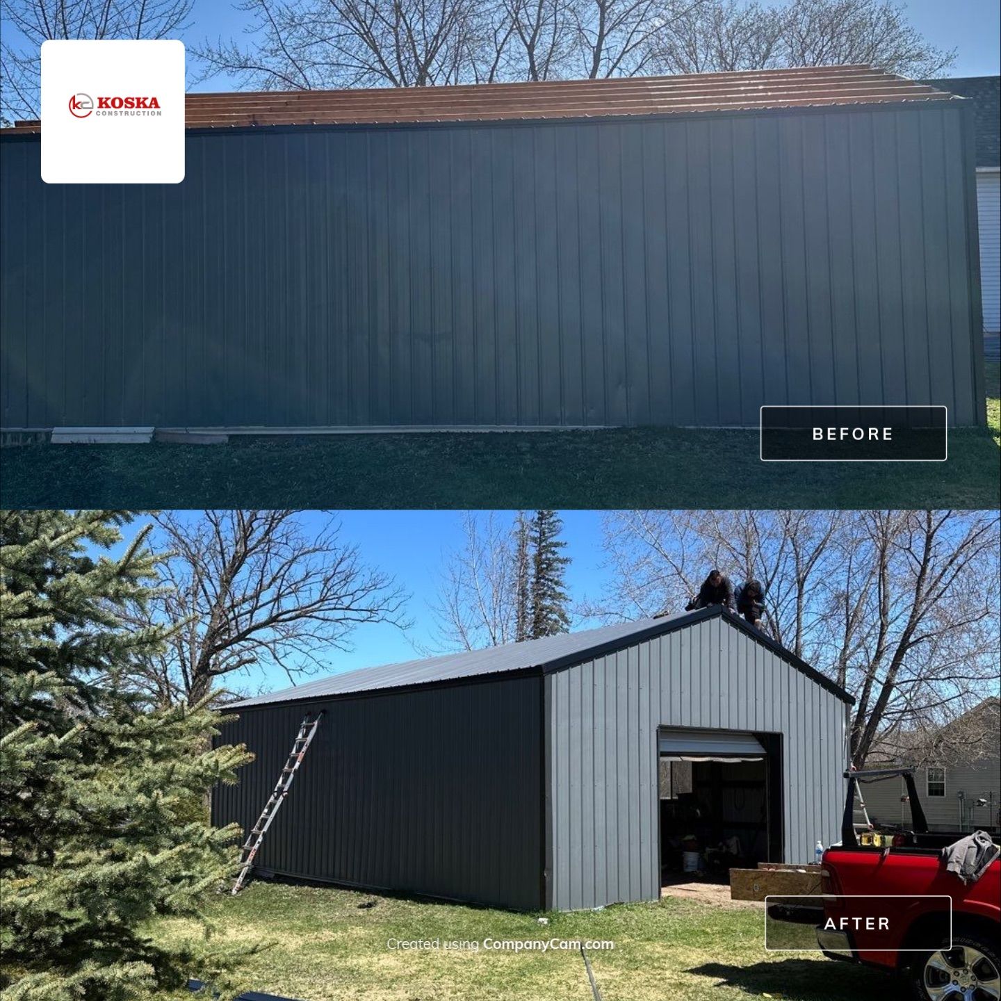 Hail damaged pole shed in Randall Mn by Koska construction llc